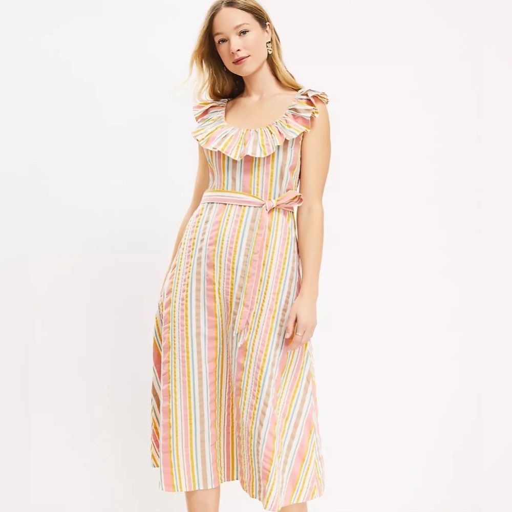 LOFT Striped Cotton Midi Dress Ruffle Neck Belted Summer Size 10 NWT‎ Flowy